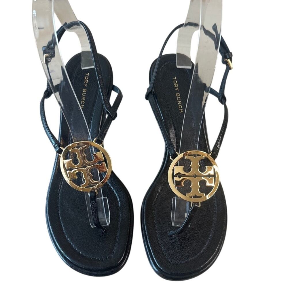 Tory Burch Metal Miller Ankle Strap Sandals Black Gold Medallion 7‎